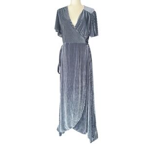 BALTIC BORN Blue Grey Velvet Ribbed Pleated Wrap Maxi Dress Women's Size XXL NWT